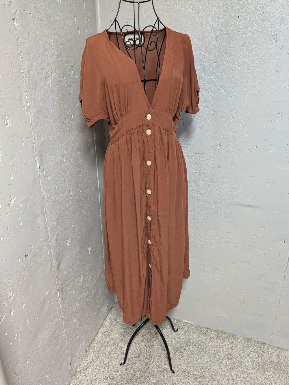 The Normal Brand Rust V Neck Button Front Midi Dress
